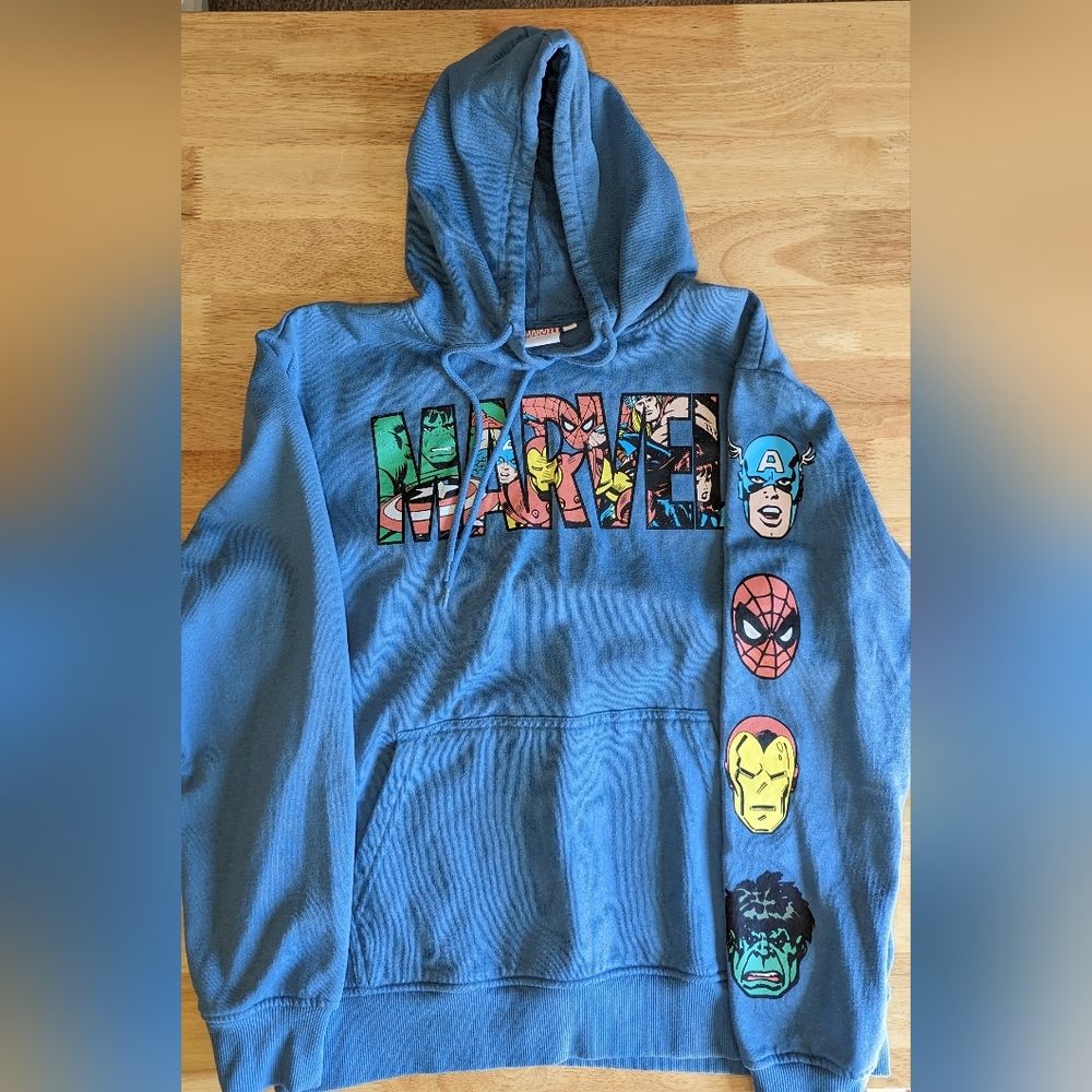Marvel Adult Hoodie Pullover Size M Blue Spell Out Character Jacket